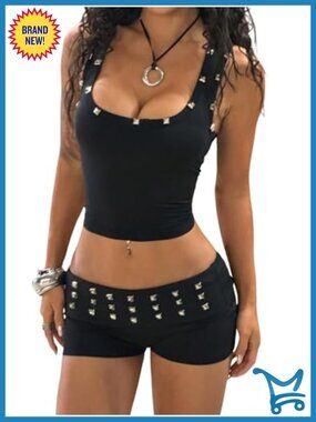 2 Piece Rave Crop Top & Fold Over Shorts Matching Set Sleeveless Slim Fit